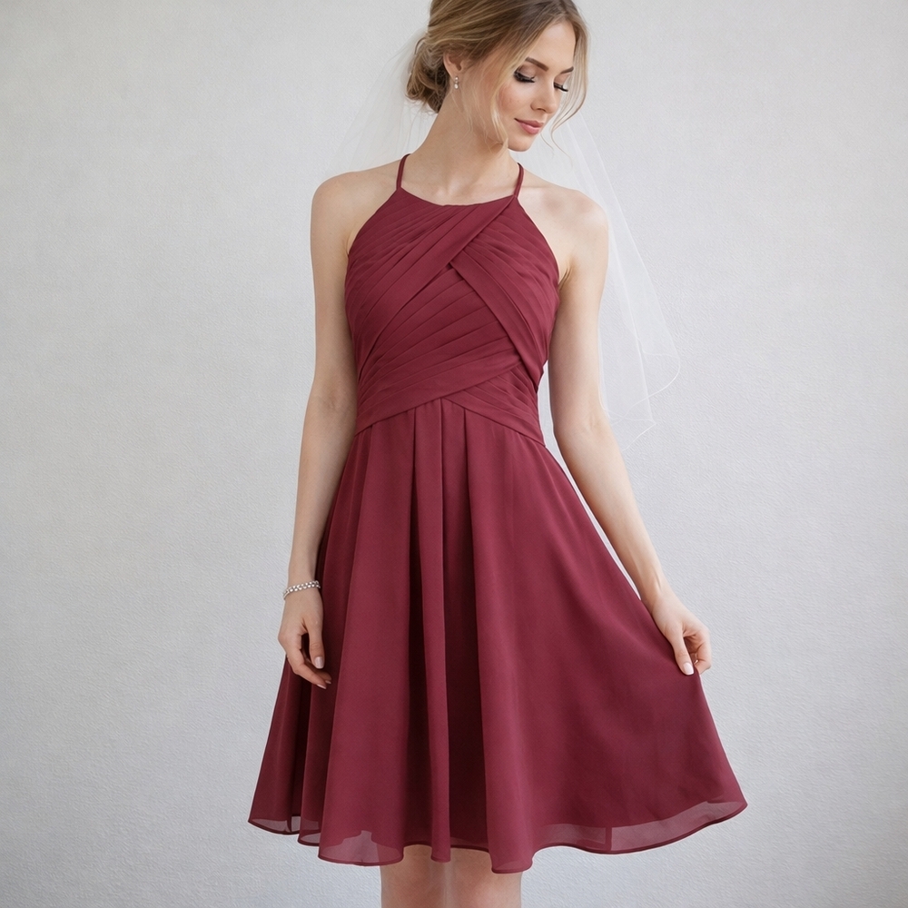 JJs HOUSE Size 8/10 Burgundy Chiffon A-Line Halter Pleated Bust Cocktail Dress